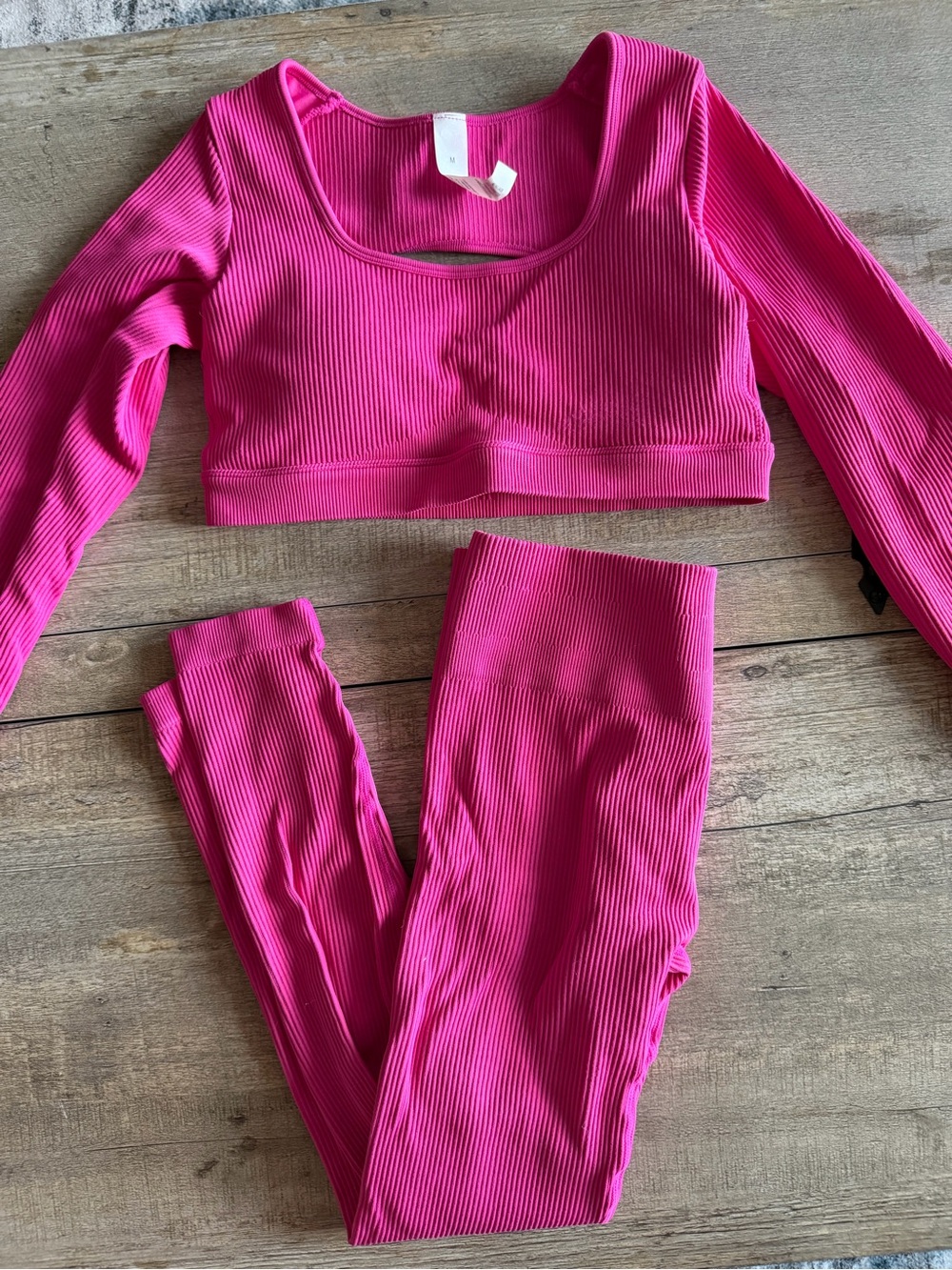 Amazon Hot Pink Ribbed Long Sleeve Crop Top & Leggings Set